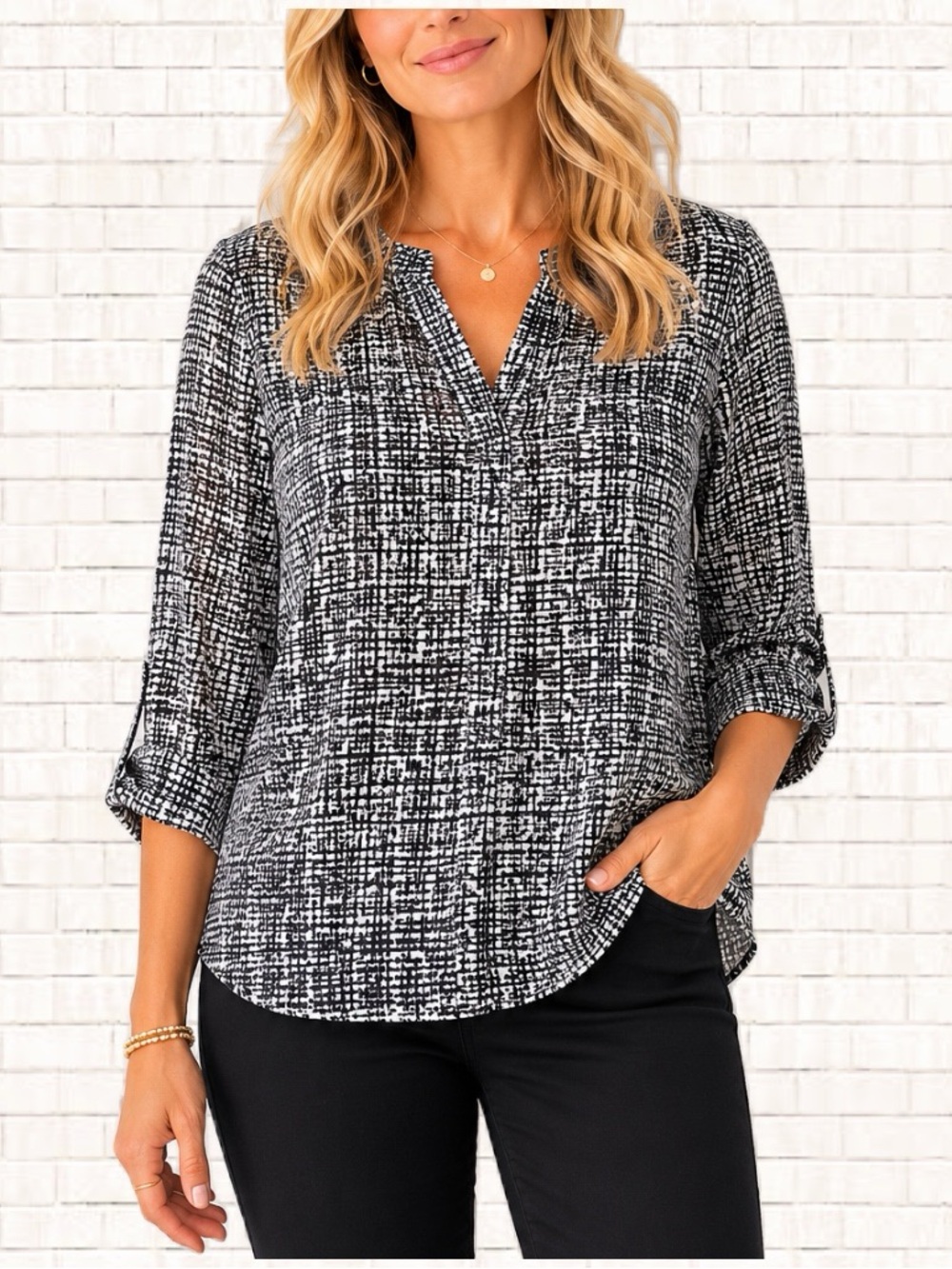 Covington Essentials Black & White Patterned Blouse Semi Sheer size XL EUC OBO